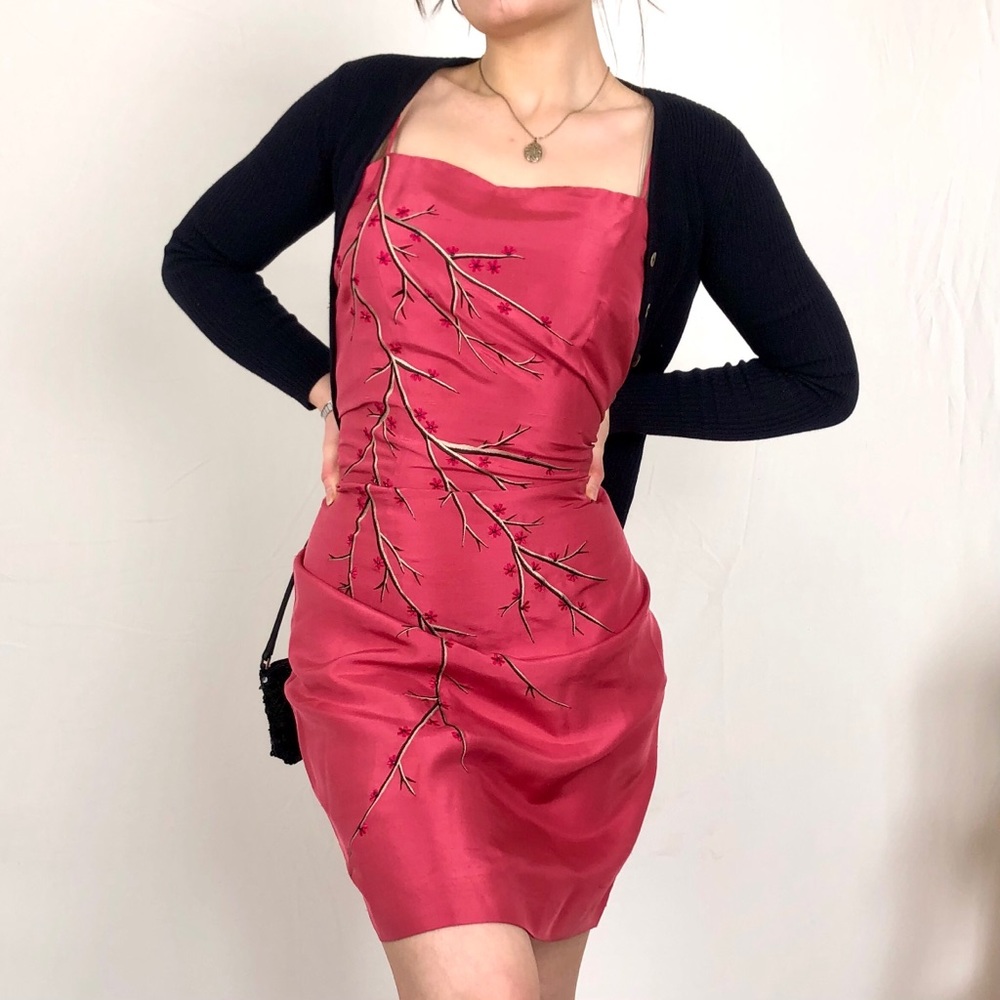 vintage 100% silk cherry blossom embroidered dress